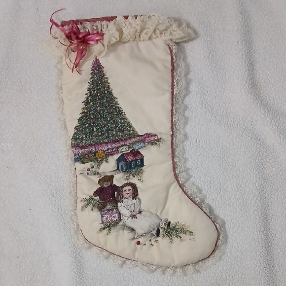 Vintage Other - Vintage Hand Painted Christmas Stocking with Lace Trim & Bells